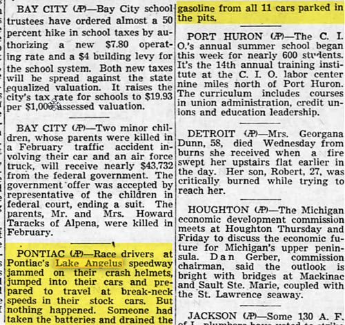 Chief Pontiac Speedway (Lake Angelus Speedway) - Old Lansing State Journal Article From June 18 1954 (newer photo)
